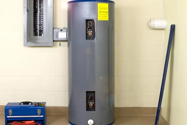 a-water-heater-in-a-basement-with-a-fusebox-and-blue-tool-box